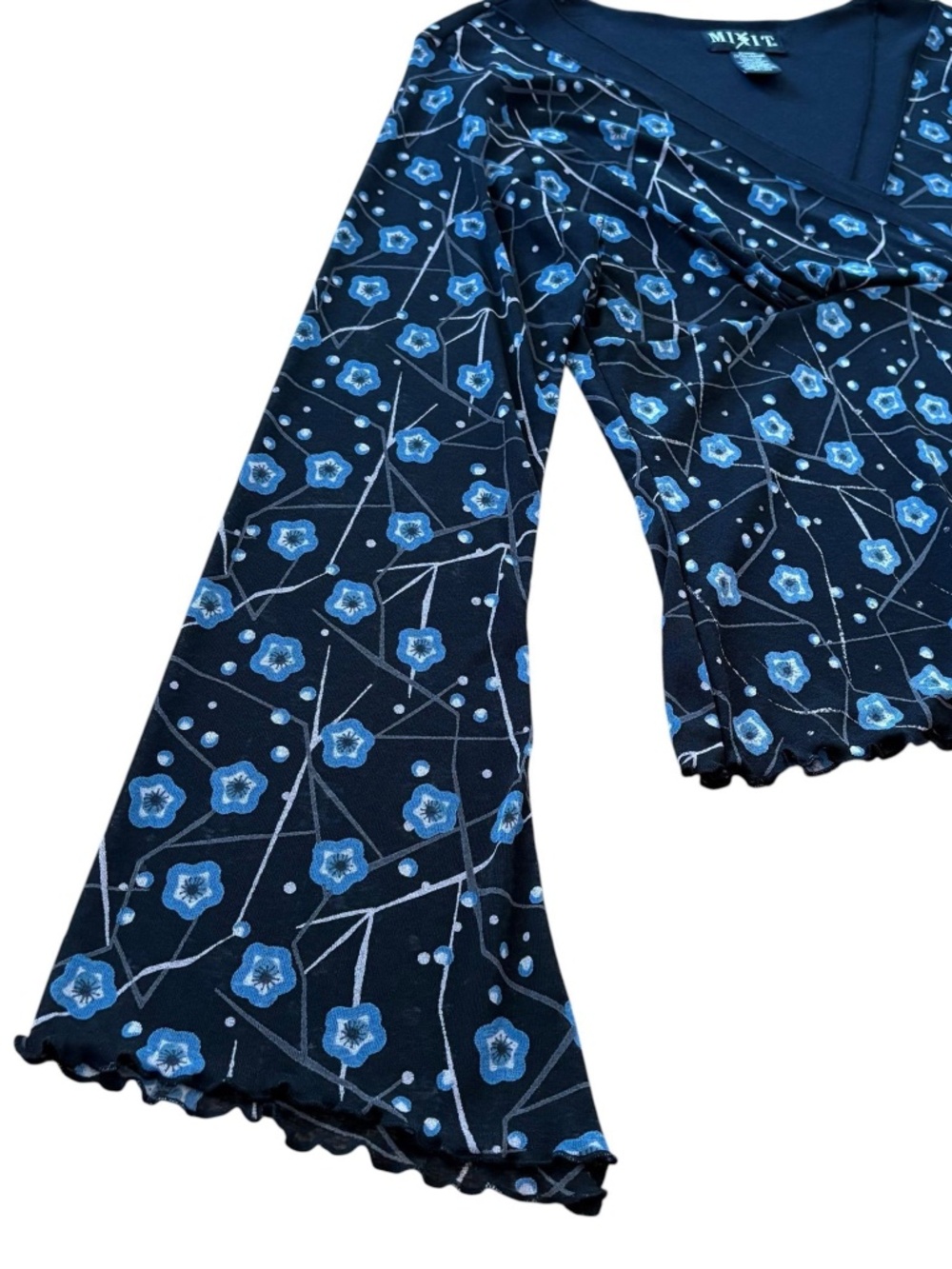 Y2K Vintage Blue Floral Fairy Bell Sleeve Top